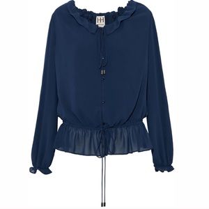 Blue Long Sleeve Chiffon Blouse